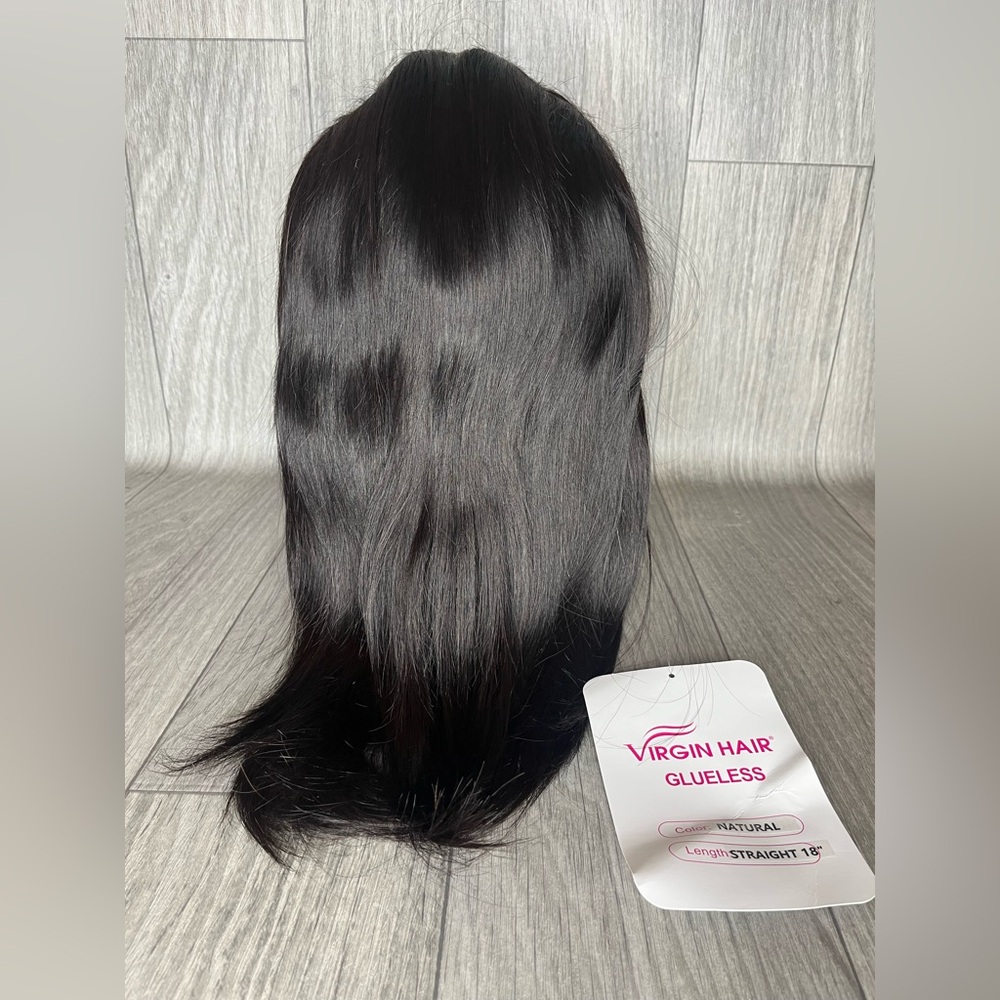 Luxurious Straight Human Hair wig 18 inches Black 1B With Lace & Baby Hairs A4